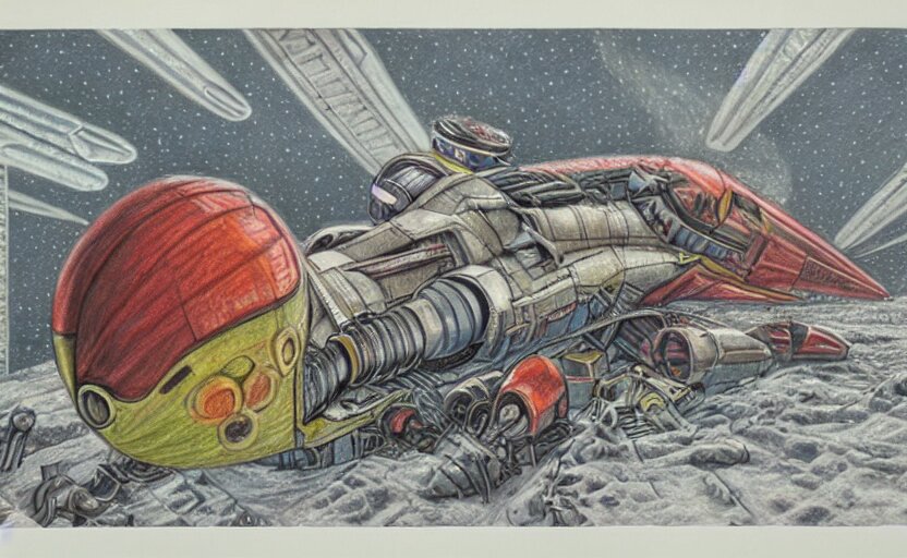 intricately detailed color pencil drawing, retro spaceship crash landed on an alien winter landscape 