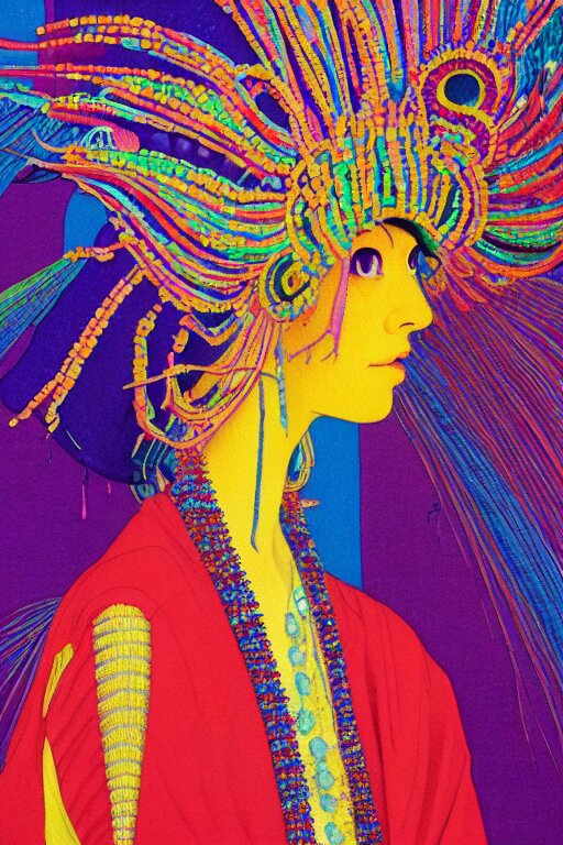 a colorful vibrant closeup portrait of a fashion model with a beaded headdress and dreaming psychedelic hallucinations, by kawase hasui, moebius, edward hopper and james gilleard, zdzislaw beksinski, steven outram colorful flat surreal design, hd, 8 k, artstation 