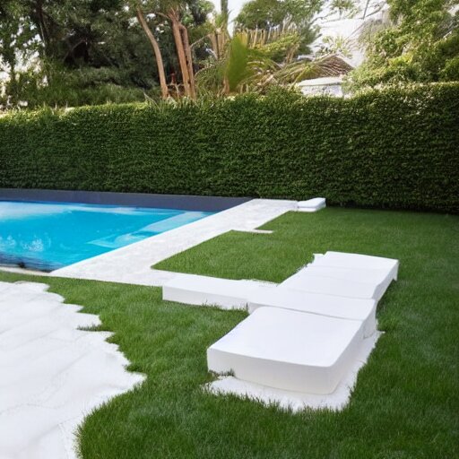 luxury elongated small backyard, all white, modern hut at the back, ceramic floor, small pool 