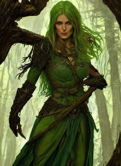 Lexica A serious looking wood elf woman wearing armour made of tree