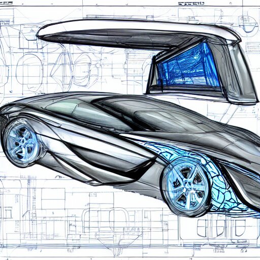 Drawing, Blueprints for a car, science fiction, technical, high quality, engineering