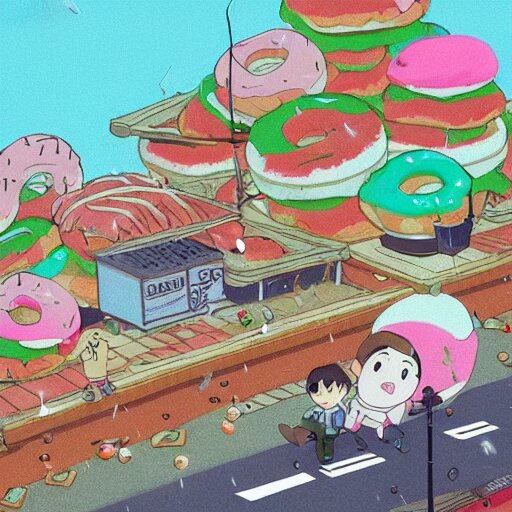 raining donuts on a city in a studio ghibli animation