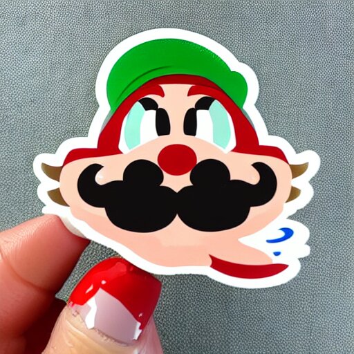 die cut sticker, yoshi wearing mario's mustache, splatter paint 