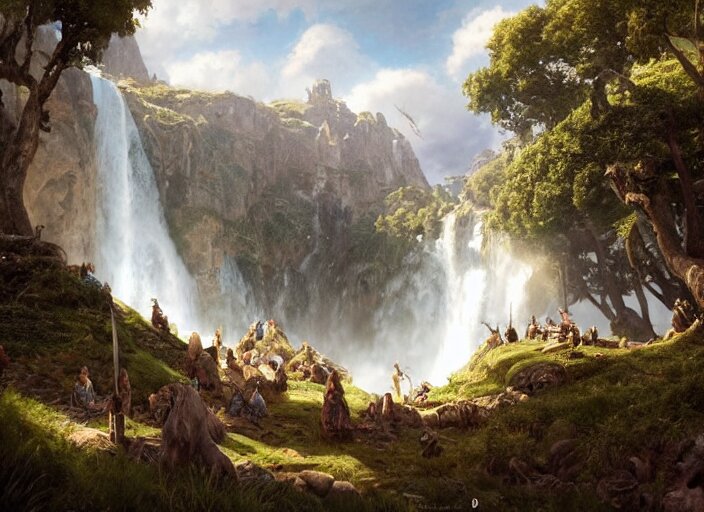 medieval adventurers in the shire scenery landscape, lord of the rings, enormous waterfall ruins, rule of thirds, highly detailed, perfect lighting, perfect composition, 4 k, artgerm, derek zabrocki, greg rutkowski 