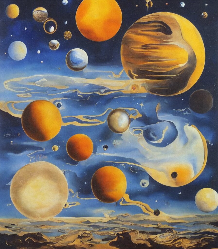 a beautiful surrealistic painting of planets and stars in the universe by salvador dali, trending on artstation., oil painting 