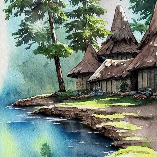 beautiful happy picturesque charming sci - fi organic homes in a beautiful natural scene. water, trees and rocks. beautiful light. grainy and rough. soft colour scheme. beautiful artistic detailed watercolor by lurid. ( 2 0 2 2 ) 