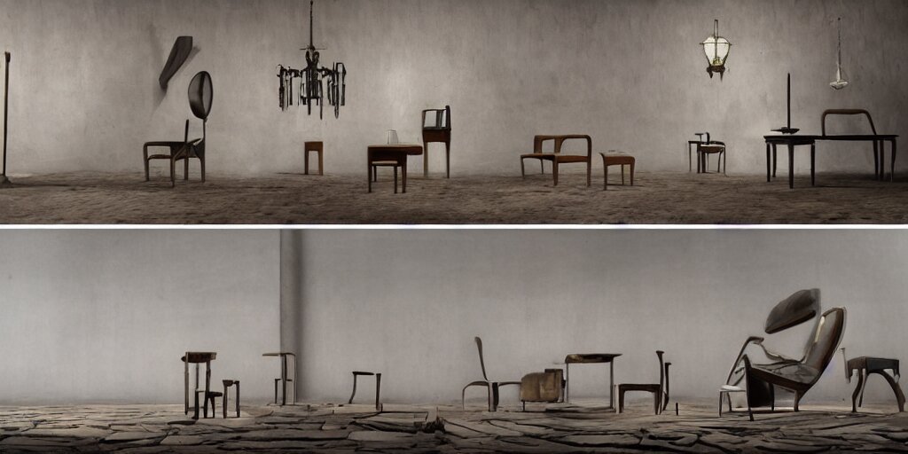 furniture designs in the style of Jordi Albinyana, design sheet, Les Edwards, Zdzislaw Beksinski, Carl Gustav Carus, John Harris, Michal Karcz, Zhang Kechun, Mikko Lagerstedt, Scott Listfield, Steven Outram, Jessica Rossier.