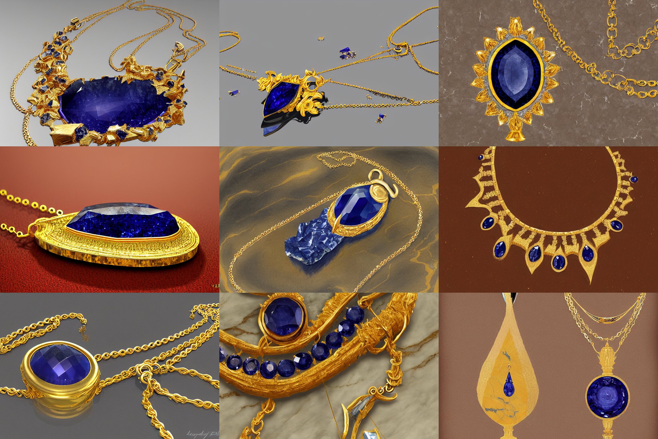 A very highly detailed pointed faceted sapphire necklace with a thin gold chain and gold setting, resting on a polished marble countertop, digital rational painting art by Lindsey Look, Mike Bierek, Kamila Szutenberg, David Auden Nash, Franz Vohwinkel, Volkan Baga, Sung Choi, Ryan Pancoast, highly detailed, digital concept art, professional product shot, studio lighting, from above, sharp focus, realistic concept art rendered in Octane Render