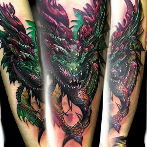 dark and vibrant fantasy dragon!!! drake wyvern, black and emerald dragon!!, forearm tattoo