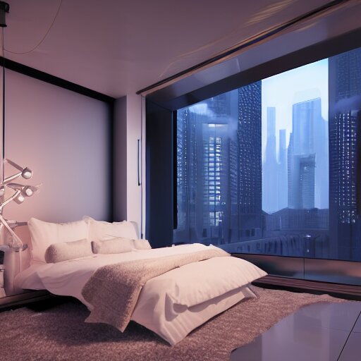 a futuristic luxury white bedroom with ceiling high windows looking out to a cyberpunk cityscape, flying cars, night time, neon lights, cinematic 3d render, unreal engine 5, cgsociety