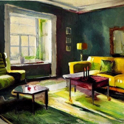 a modern living room with green sofa, red carpet and yellow table, painting by jeremy mann 