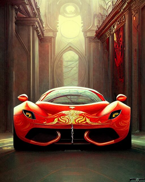 Art nouveau Ferarri car, fantasy, intricate zigzag designs, elegant, highly detailed, sharp focus, art by Artgerm and Greg Rutkowski and WLOP