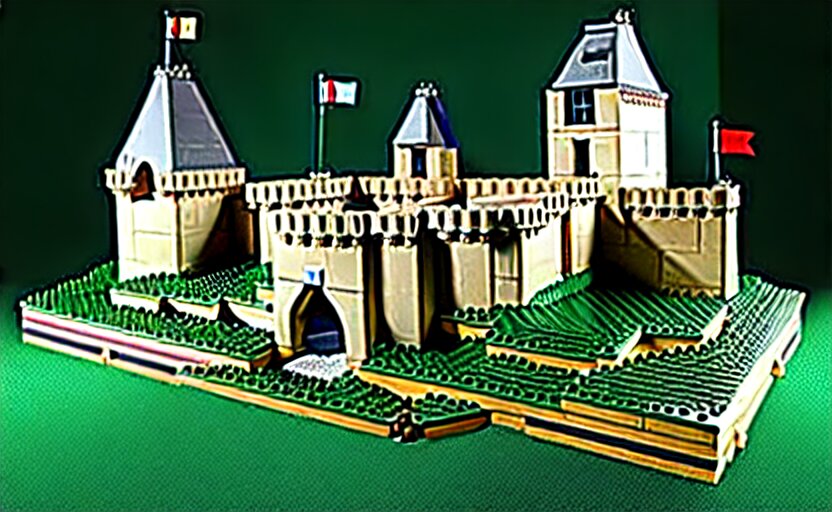 a realistic detailed accurate Lego set of a medieval French castle on a green hill