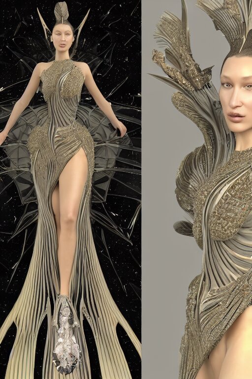 a highly detailed 3 d render painting of a beautiful alien goddess bella hadid in iris van herpen dress schiaparelli in diamonds in style of alphonse mucha trending on artstation made in unreal engine 4 