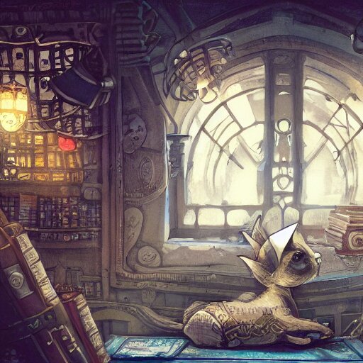 cute steampunk rabbit with a polygonal library walls and glass ceilings showing the stars and hanging silk drapery and tapestries, light dust, magnificent, close up, details, sharp focus, elegant, highly detailed, illustration, by Jordan Grimmer and greg rutkowski and PiNe(パイネ) and 薯子Imoko and 香川悠作 and wlop and maya takamura, intricate, beautiful, Trending artstation, pixiv, digital Art