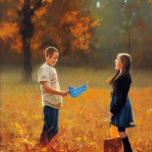 a brother and sister paying catch in autumn. phil hale. rhads. repin. 