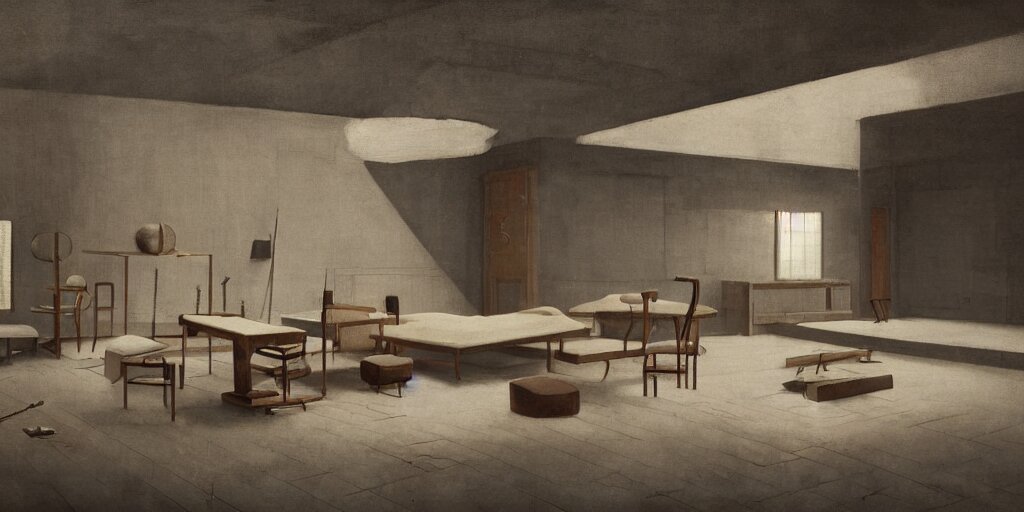 furniture designs in the style of bauhaus, design sheet, Les Edwards, Zdzislaw Beksinski, Carl Gustav Carus, John Harris, Michal Karcz, Zhang Kechun, Mikko Lagerstedt, Scott Listfield, Steven Outram, Jessica Rossier.