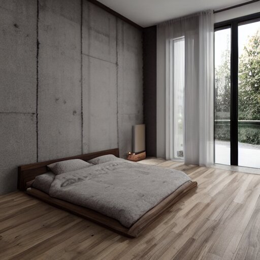 hyper realistic one point perspective of bedroom, wood, concrete, brick, glass 