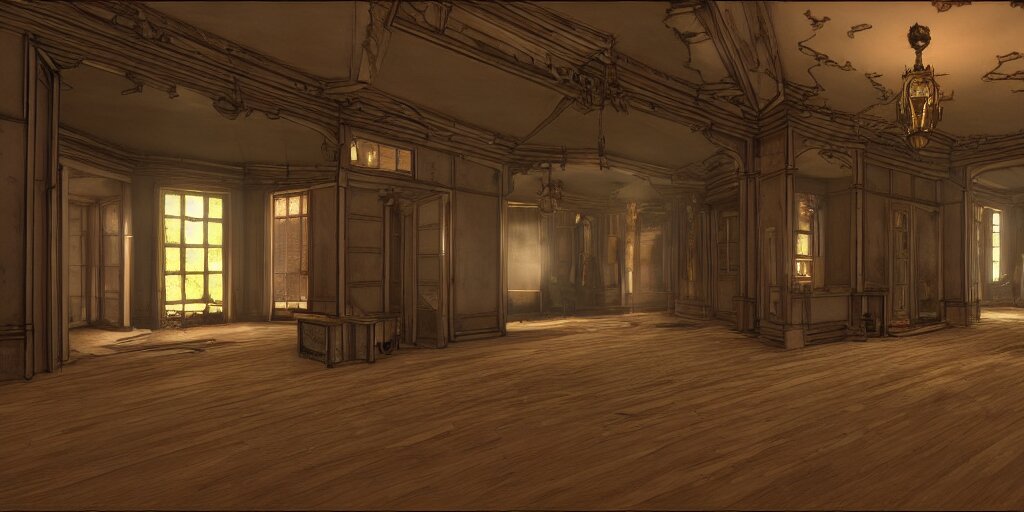 kingdom hearts twilight town mansion interior, nostalgic abandoned, sunlight streaming through the windows 