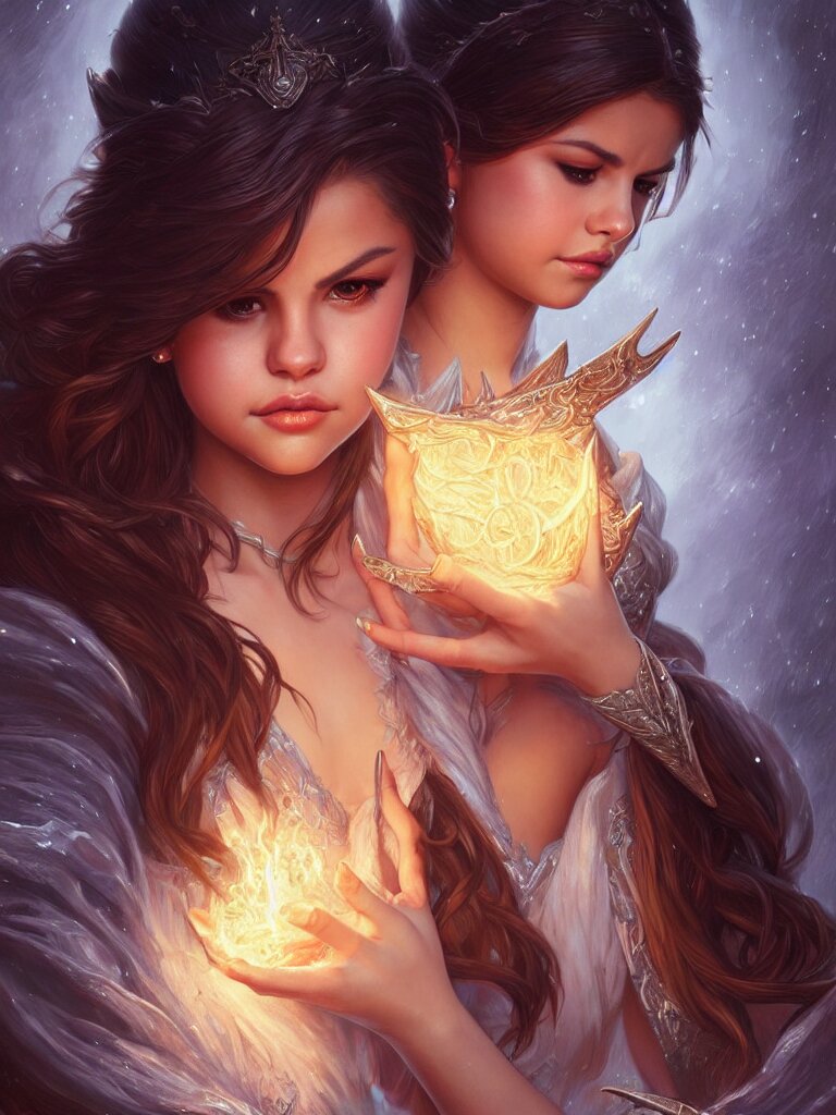 Selena Gomez casting an frost spell, D&D, fantasy, intricate, elegant, highly detailed, digital painting, artstation, concept art, matte, sharp focus, illustration, hearthstone, art by Artgerm and Greg Rutkowski and Alphonse Mucha