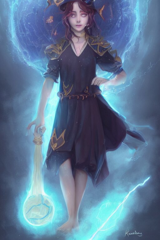 a cute wizard girl conjuring a lightening ball, character art portrait, anime key visual, official media, illustrated by tom bagshaw, wlop, kentaro miura, extremely detailed, 8 k, trending on artstation, cinematic lighting, beautiful 