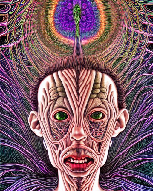 Human Body breaking away, Conjuring Psychedelic Illustration, part by Shintaro Kago, part by Alex Gray, ultra realistic, highly detailed, 8k, symmetry, fractals, grotesque, vibrant,