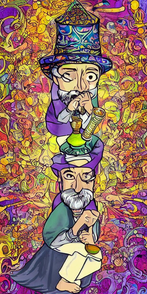 a mystical man with a goblet on the table, wizard hat, psychedelic, Korean animation