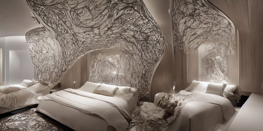 a cozy bedroom decorated by Zaha Hadid, detailed, high resolution, wow!, intricate