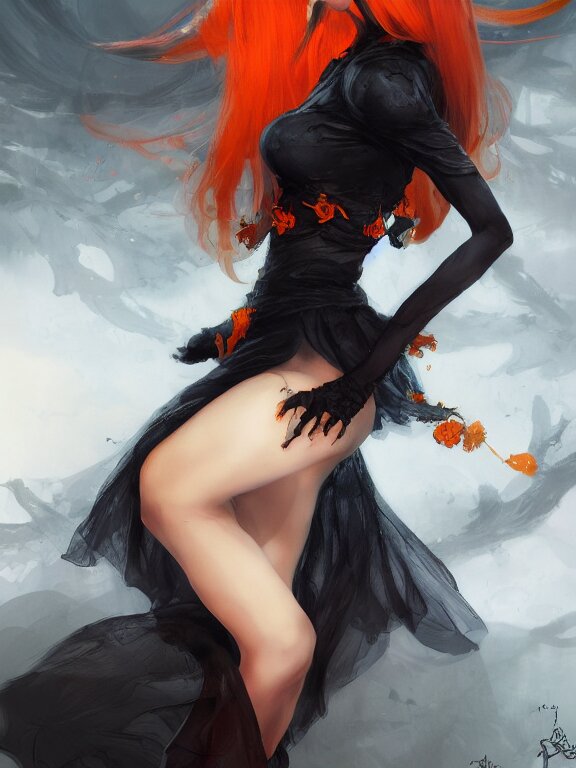 Full shot of a cute mischievous young witch about to get up to some trouble. Latin inspired fashion. Black and Orange palette. By Ruan Jia and Artgerm and Range Murata and WLOP and CLAMP. Key Art. Fantasy Illustration. award winning, Artstation, intricate details, realistic, Hyperdetailed, 8k resolution.