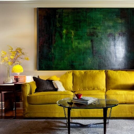 a modern living room with green sofa, red carpet and yellow table, painting by jeremy mann 