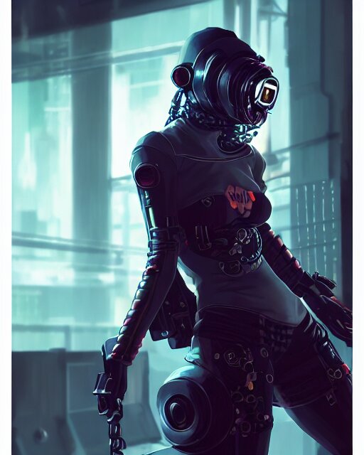 lady assassin wearing cyberpunk streetwear, respirator, cybernetic arms, detailed portrait, 4 k, vivid colours, concept art by wlop, ilya kuvshinov, artgerm, krenz cushart, greg rutkowski, pixiv. cinematic dramatic atmosphere, sharp focus, volumetric lighting, cinematic lighting, studio quality 