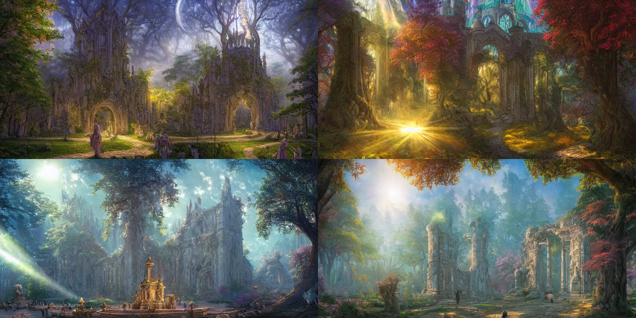 monumental castle in a magical forest with tall trees and statues of ancient goddesses, warframe, whimsical, fairy tale, hyper realistic, volumetric lighting, sunshafts, dan mumford, thomas kinkade