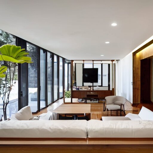 A modern living room with 2 sofas facing each other with a white marble table in the center, on the left side of the living room there is a floor to ceiling glass window that leads to the courtyard, on the right side of the living room there are wooden stairs that lead to the second floor