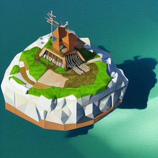 a floating island on an ocean isometric art, low poly art, game art, artstation, 3D render, cgsociety, unreal engine 5