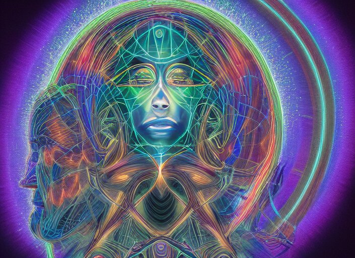 trasnformation into transcendence into collaborative intelligence, endless collaboration with ai, connectedness, body, by alex grey, album cover, award winning, beautiful, colorful, volumetric lighting, trending on artstation, cinematic 