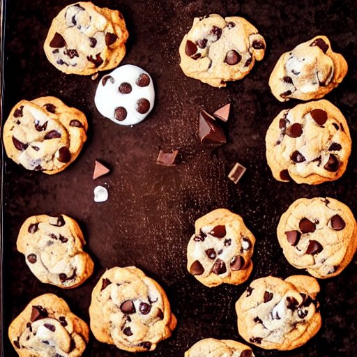 opulent banquet of freshly baked chocolate chip cookies, delicious, glistening, chocolate sauce, marshmallows, highly detailed, food photography, art by rembrandt 