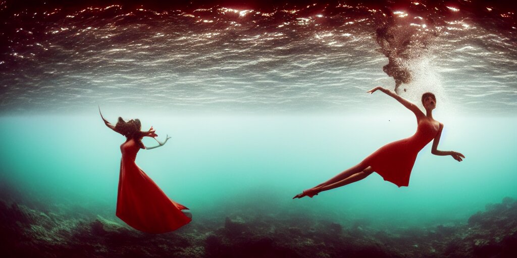 deep underwater photography of beautiful model in flat dress concert hall by emmanuel lubezki 