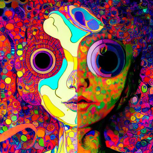 a psychedelic portait of a girl by takashi murakami,, beeple and james jean, aya takano color style, 4 k, super detailed, night sky, digital art, digital painting, celestial, majestic, colorful 