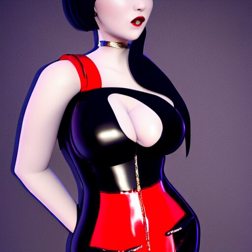 an elegant curvy feminine pale goth cutie wearing an elaborate latex-nylon-leather striped red-black-silver-gold neck-high dress, thin waist, cgsociety, photorealistic, 16k, smooth, sharp focus, trending on ArtStation, volumetric lighting, worksafe, sublime-comforting-intriuging ambience