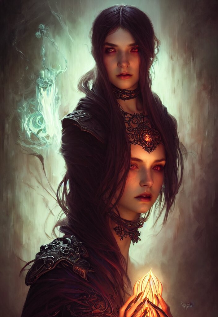 Necromancer Sorceress, fantasy magic, undercut hairstyle, dark light night, intricate, elegant, sharp focus, illustration, highly detailed, digital painting, concept art, matte, art by WLOP and Artgerm and Greg Rutkowski and Alphonse Mucha, masterpiece