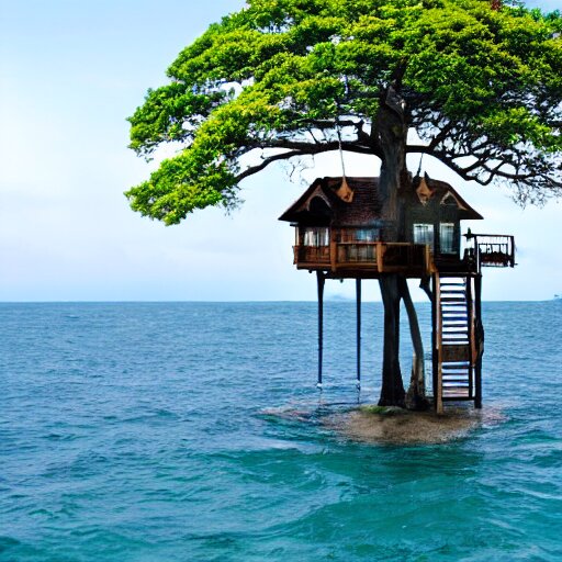 a tree with a tree house in it in the ocean 