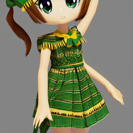 cute fumo plush of a girl in a green and gold tribal patterned dress, stylized material bssrdf, cel shading, vray, anime girl 