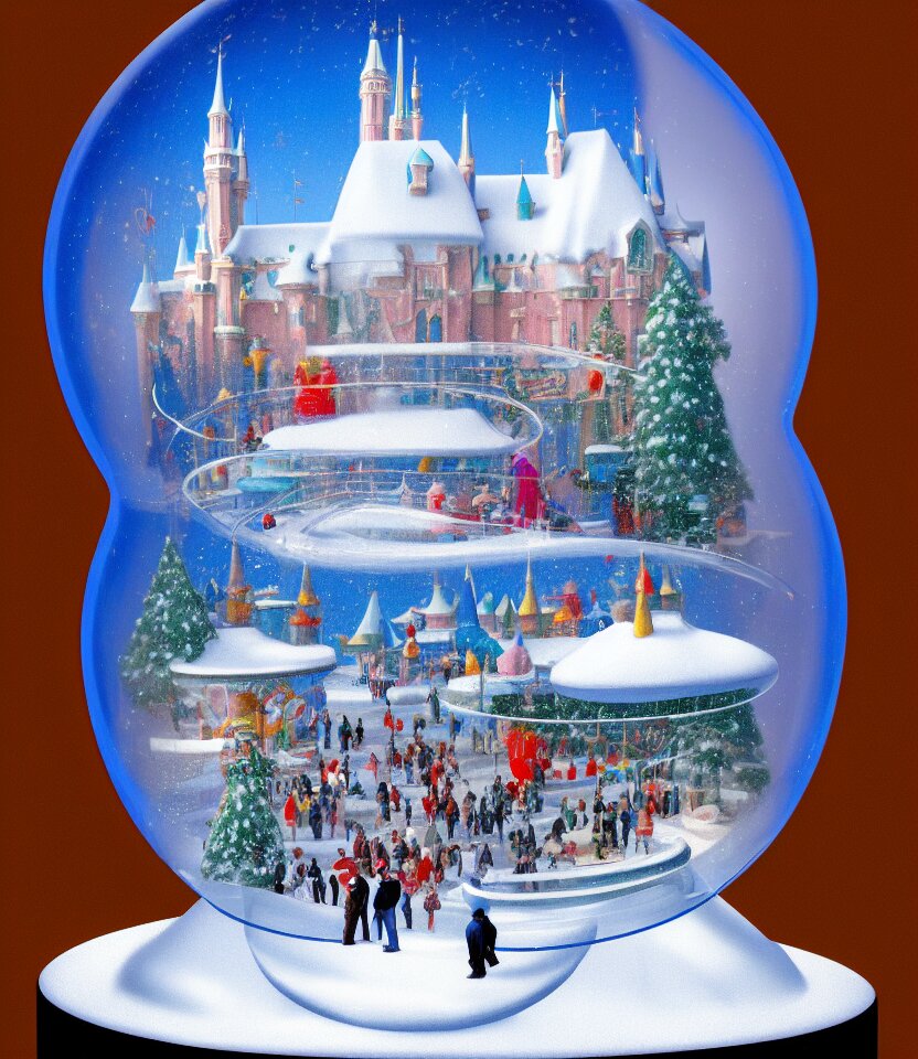 an achingly beautiful print of one cylindrical snow globe with disneyland inside by raphael, hopper, and rene magritte. detailed, proportional, romantic, vibrant, enchanting, trending on artstation 