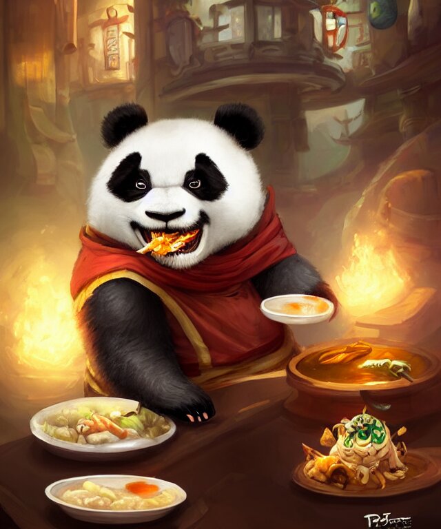 a portrait an anthropomorphic panda mage eating chinese food, wearing mage robes, restaurant in background, cute and adorable, dnd character art portrait, well rendered matte fantasy painting, deviantart artstation, by jason felix by steve argyle by tyler jacobson by peter mohrbacher, cinematic lighting 