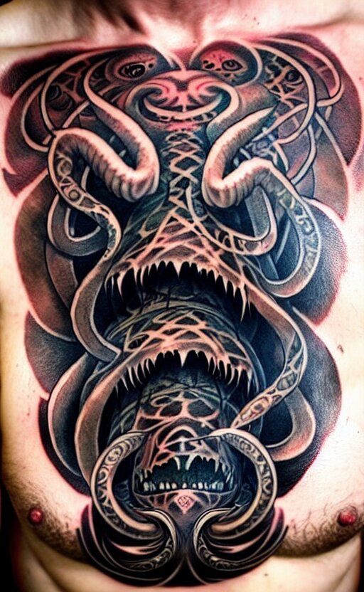 chest tattoo cthulhu by greg rutkowski, by giger, by maxim verehin 