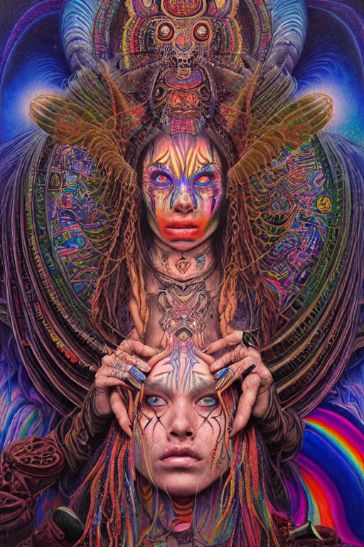 psychedelic shaman, iridescent, wearing shipibo tattoos, inside an epic, ancient temple, ayami kojima, greg hildebrandt, mark ryden, hauntingly surreal, eerie vibrating color palette of charlie immer, highly detailed painting by, jenny saville, soft light 4 k 