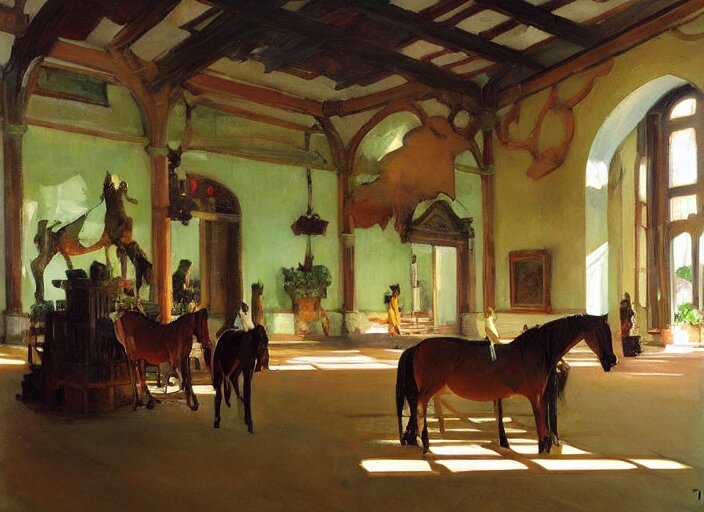 main hall with horse statues, green and brown decorations by studio ghibli painting, by joaquin sorolla rhads leyendecke 