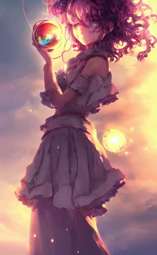 anime girl with curly hair holding a magical orb, WLOP, concept art, digital painting, trending on artstation, highly detailed, epic composition, 8k UHD