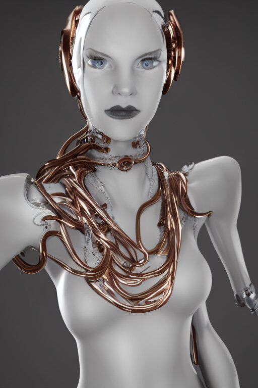 white cyborg fashion shot, copper spiral decorations, white elegant baroque design, smooth heads, headshot half figure, photorealistic, 8k, hyper detailed, unreal engine, trending on artstation,