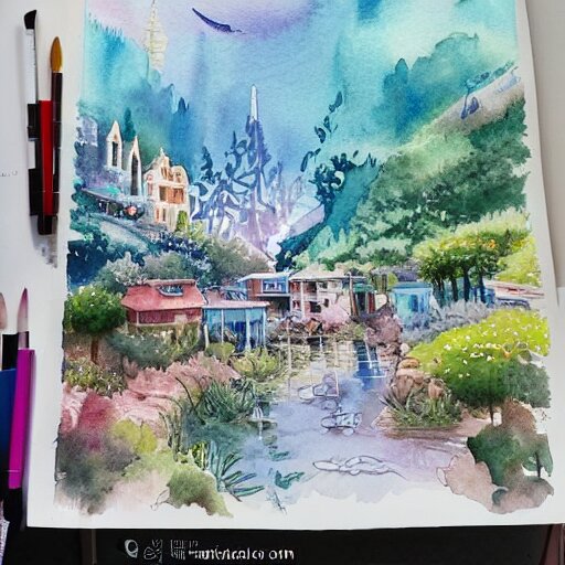 Beautiful happy picturesque charming sci-fi town in harmony with nature. Beautiful light. Water and plants. Nice colour scheme, soft warm colour. Beautiful detailed artistic watercolor by Olivia. (2022)